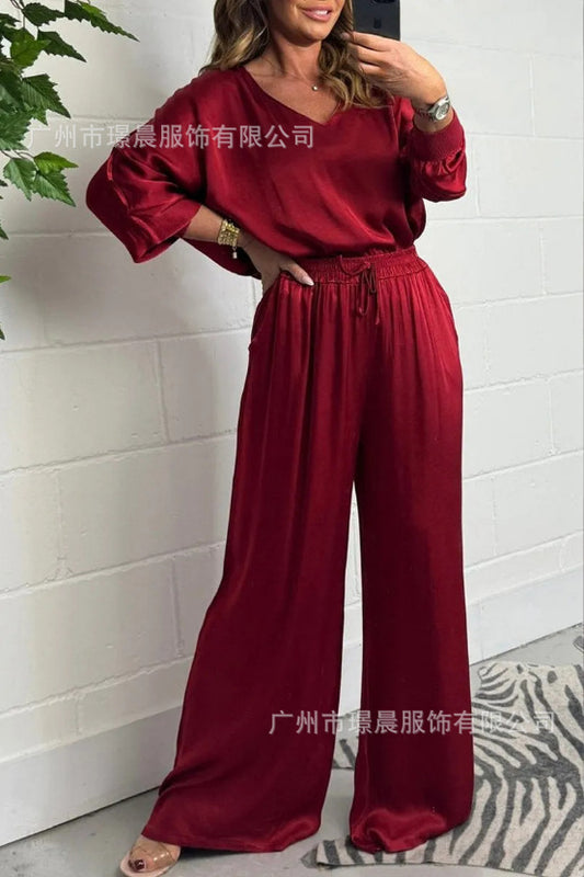 Fashion Women's Wear V-neck Long Sleeve Top Wide Leg Pants Suit