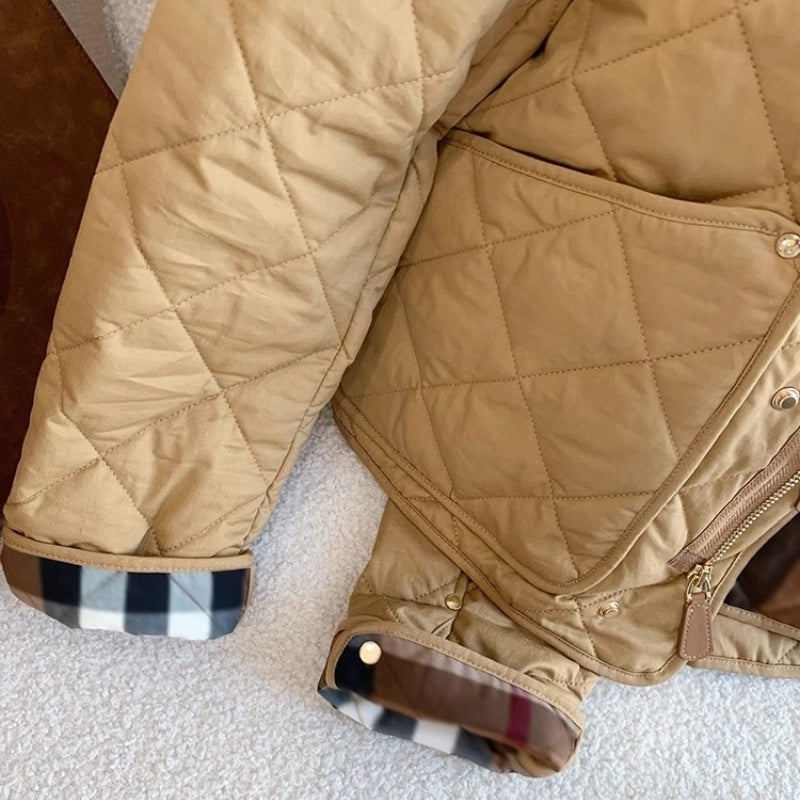 Retro Plaid Stitching Leather Lapel Cotton Coat Jacket Women