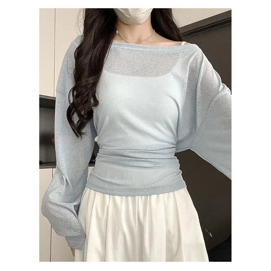 Outerwear Slightly Sheer Air-conditioning T-shirt With A Fitted Waist And Off-the-shoulder Design