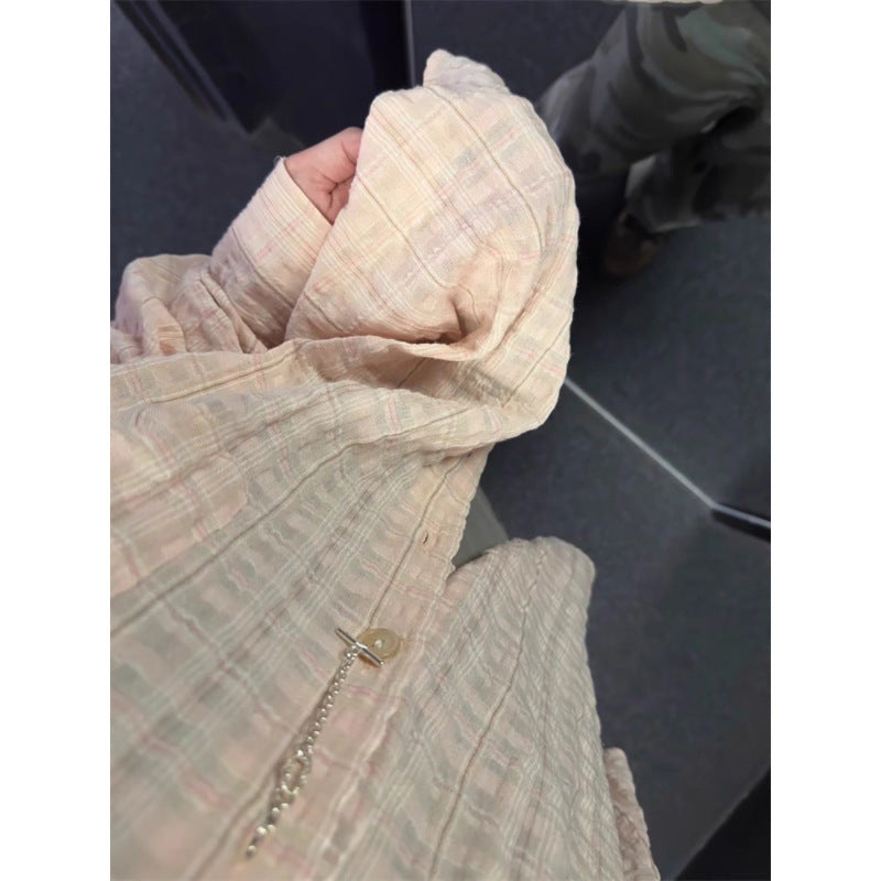 Pleated Seersucker Shirt Casual Loose Outline Plaid Long Sleeve