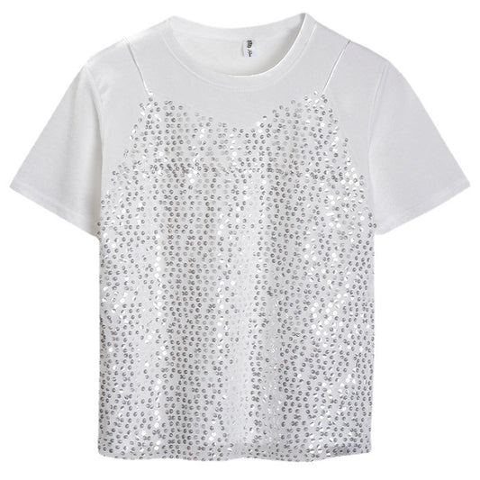 Sequined Korean-style Short-sleeved T-shirt False Two-piece Patchwork Loose All-matching Top