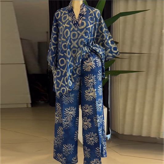 Sweet And Fresh V-Neck Batwing Sleeve High-Waist Straight-Leg Pants