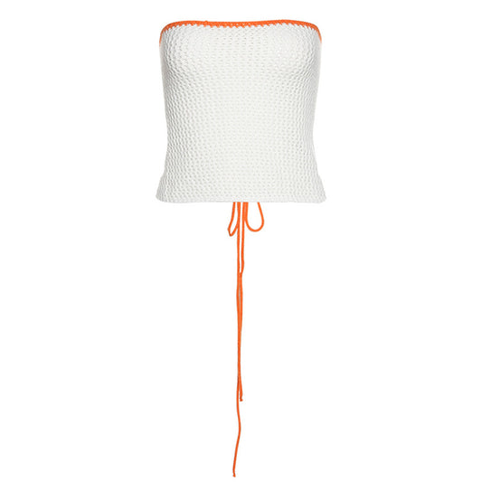 Contrast Color Cropped Navel Knit Tie Bandeau Tank Top