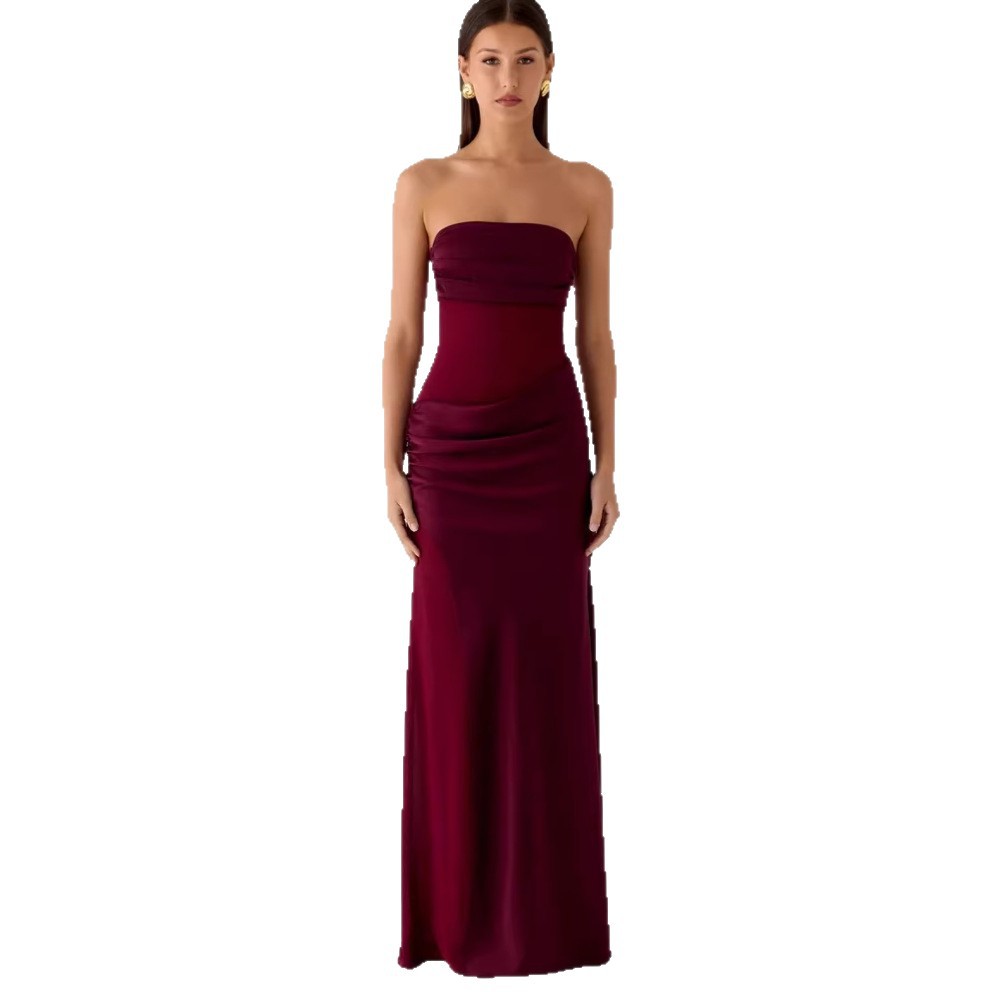 Womens Pleated Sheath Satin Dress