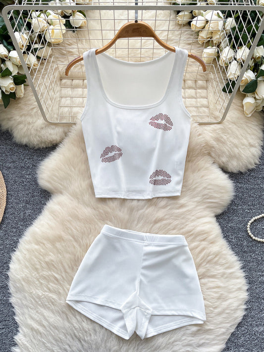 Lip-kiss Rhinestone Square-neck Sleeveless Tank Top With High-waisted Leggings And Shorts