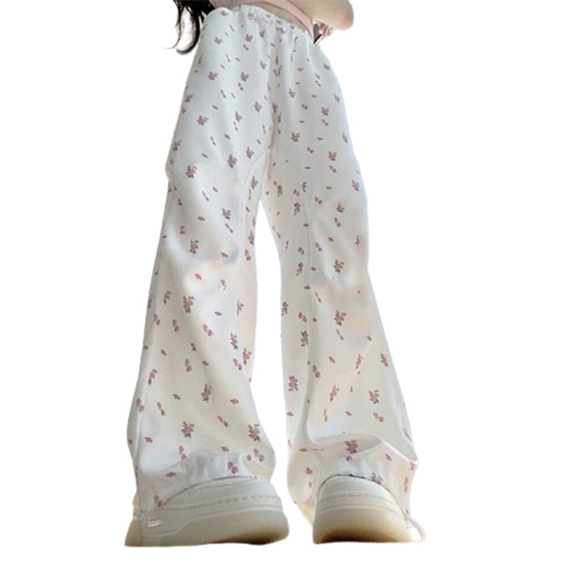 White Floral Overalls Women's Summer High Waist Wide Leg