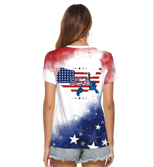 Dame Løs V-hals T-shirt med Digitalprintet Uafhængighedsflag
