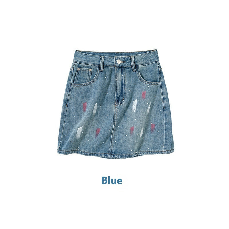 Rhinestone Lining Base Denim Skirt Graffiti Denim