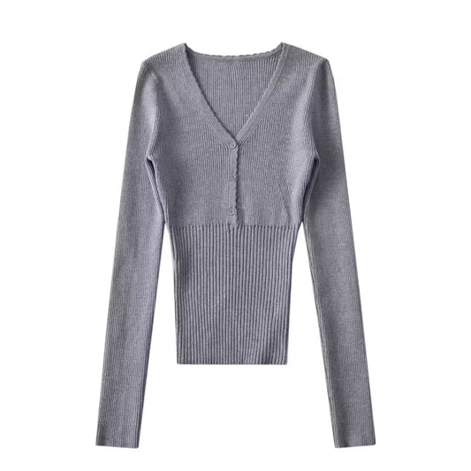 V-neck Fitted-waist Long-sleeve Knit Base Layer Top