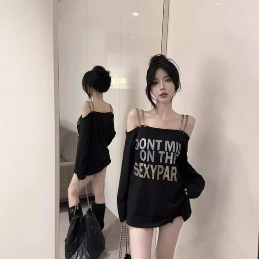 Plus Size Vintage Printed Off-the-shoulder Long Sleeve T-shirt For Women