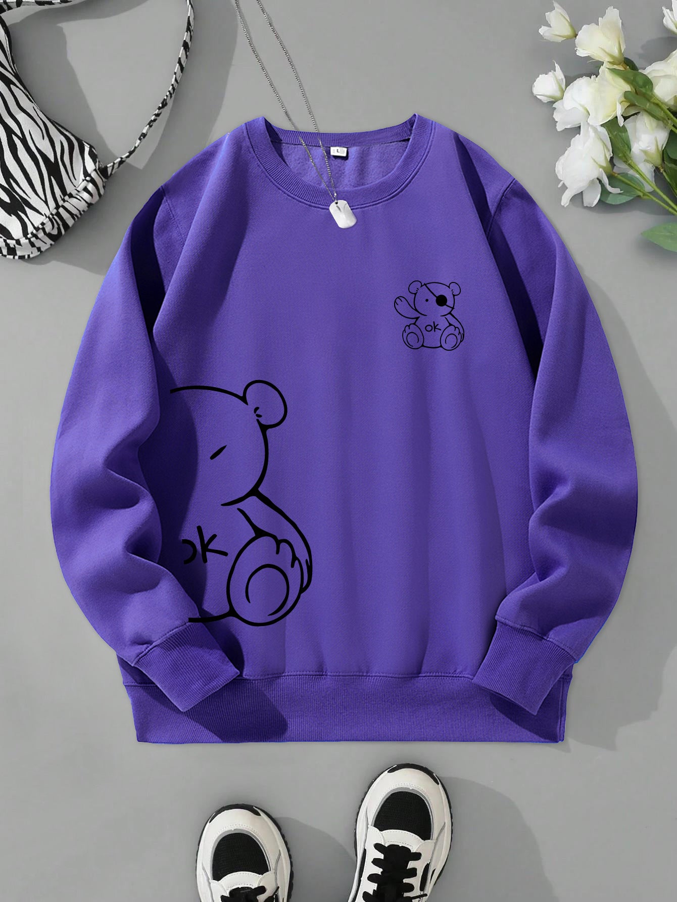 Kawaii OK Teddybjørn Tryk Sweatshirts Til Kvinder Klassisk