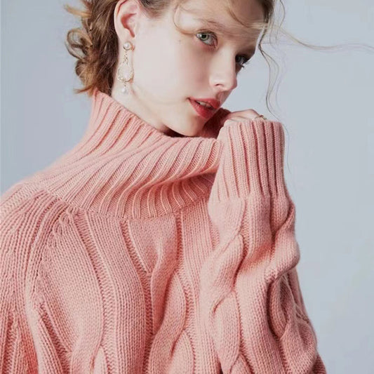 Women's High Neck Thickened Idle Style Pullover Cable-knit Sweater
