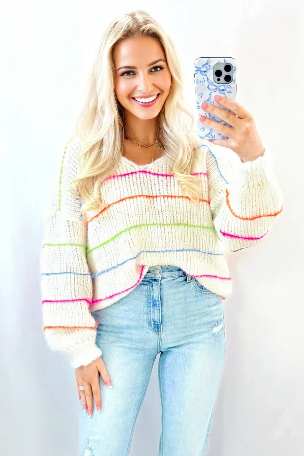 Womens Loose High-Elastic Striped Casual Sweater