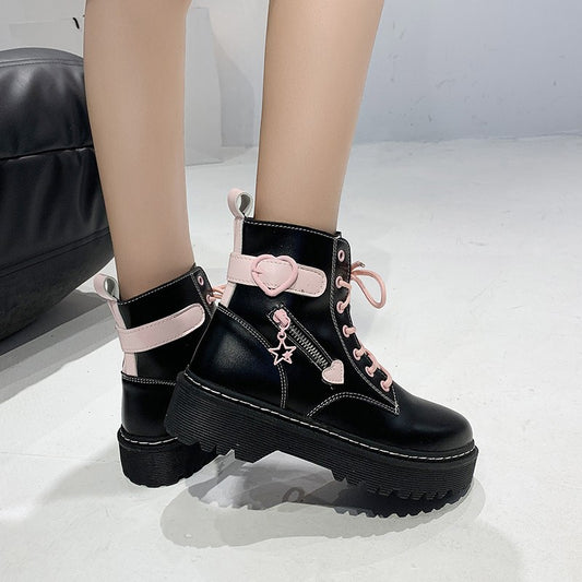 Lace-up British Boots Heart Zipper Black