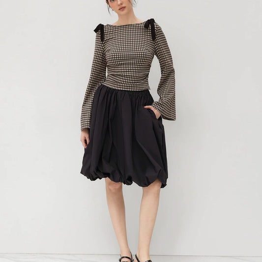 Bow Pleated Design Flare Plaid Slim-fit Long Sleeve Shirt For Women