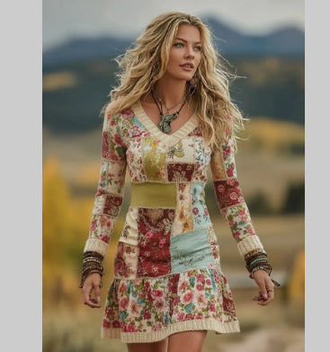 Womens Fashionable Printed Mock-Knit Dress