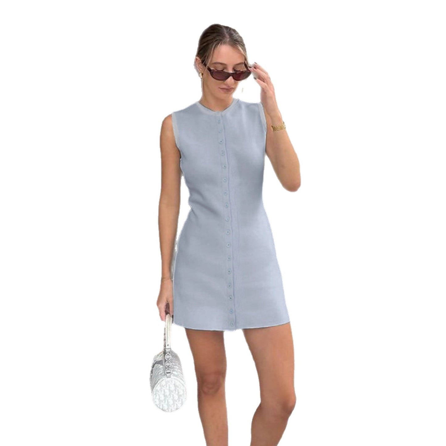 Solid-color Single-breasted Knitted Cardigan Vest Dress