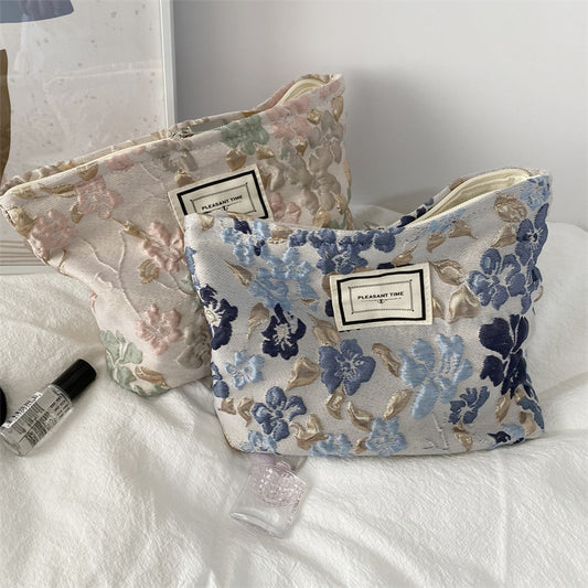 Simple French Embossed Flower Cosmetic Bag