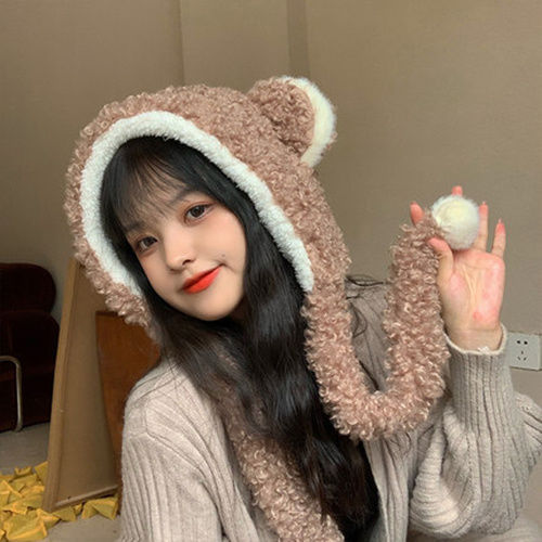 Cute All-match Women's New Warm Bear Hat And Scarf All In One