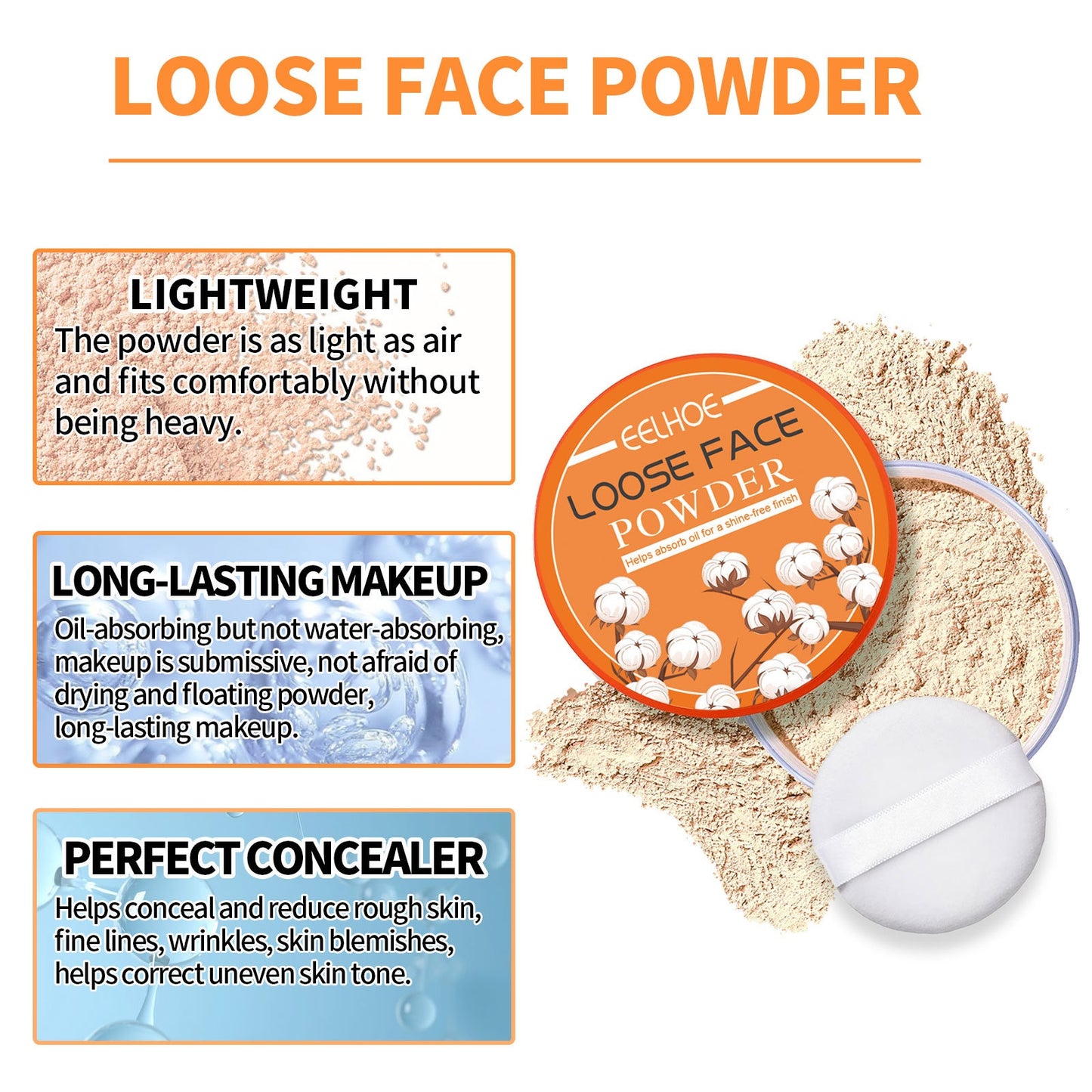 Vandfast og svedafvisende, tværer ikke ud, let finishing powder
