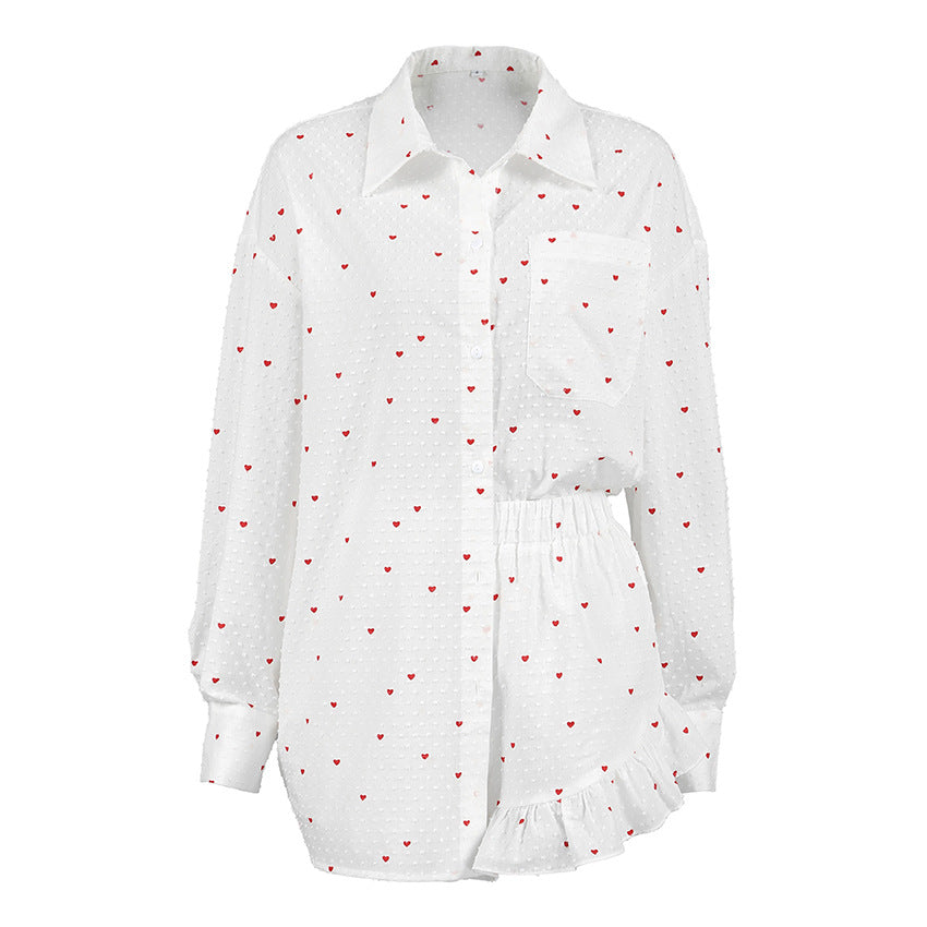 Womens SpringSummer 2-Piece Set Long-Sleeve Cotton Top And Shorts