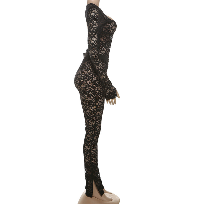 Fashion Solid Color Lace See-through Hollow Out Stitching Slim Fit Sexy