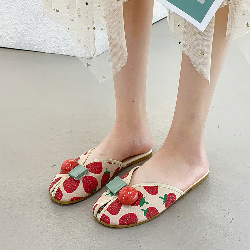 Strawberry Slippers Women's Flat Out Cherry Toe Cap Semi Slipper Fish Mouth Beach