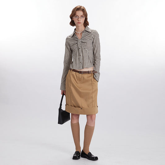 Plaid Pleated Design Shirt Womens Short Slim-Fit Long-Sleeve Top In A Sassy Style