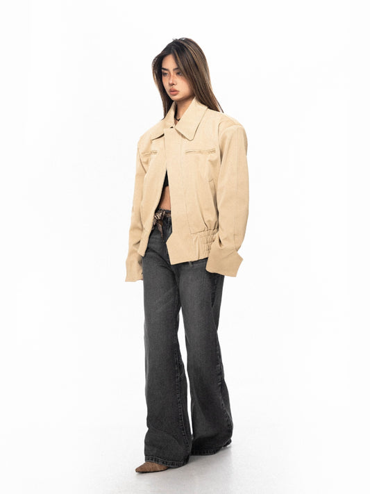 Design Matte Polished Black Padded Shoulder Coat For Women