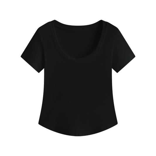 Slightly Chubby Mm Front Shoulder Slim Fit And Slimming Large U-neck Short Sleeved Shirt
