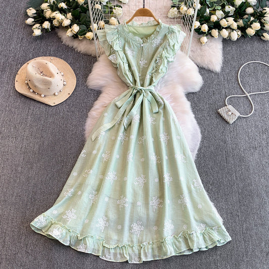 Sweet Ruffled Embroidered Round-Neck Dress Womens SpringAutumn Belted Waist Princess Long Gown