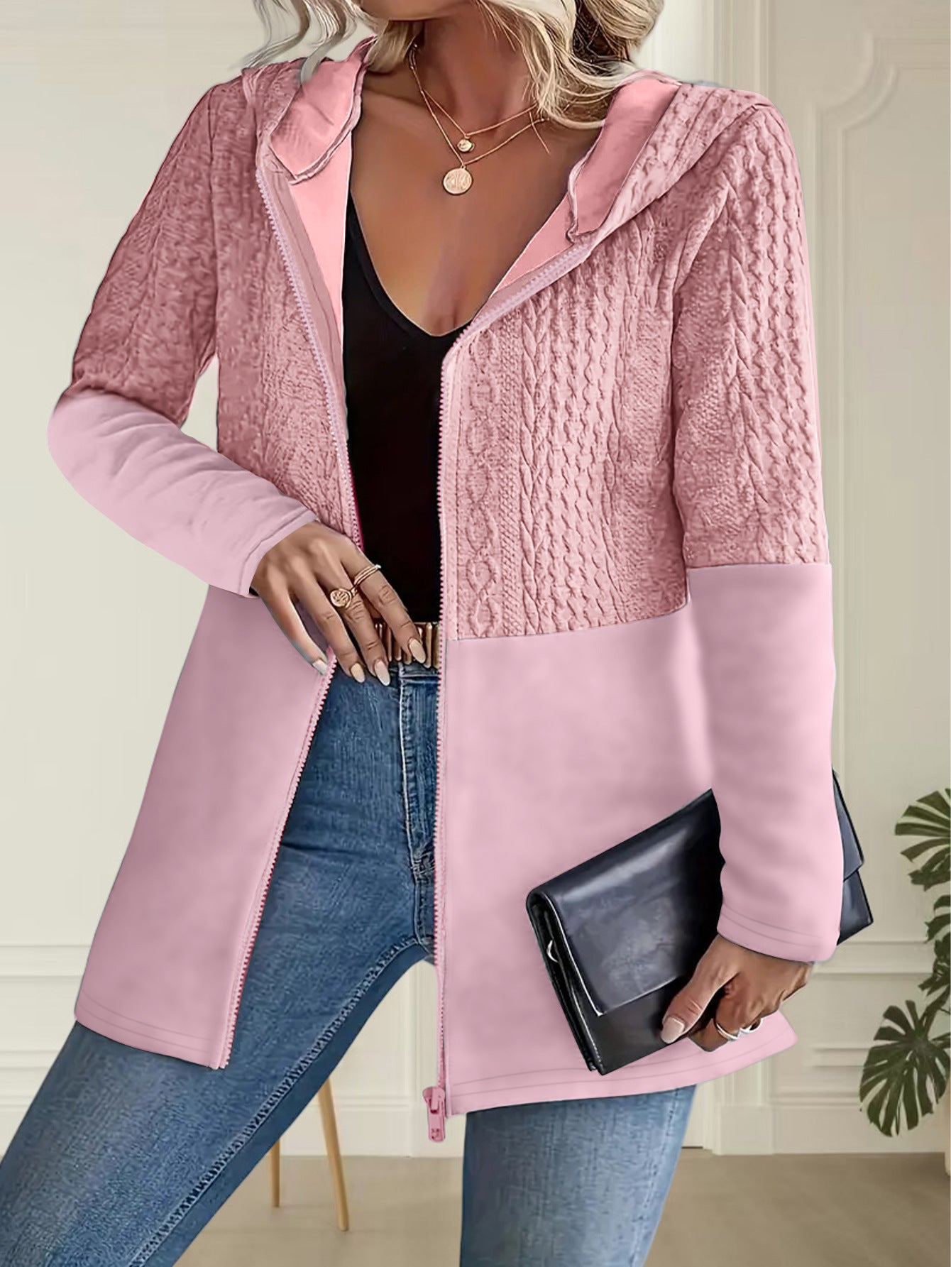 Womens AutumnWinter Solid-Color Ripple-Panel Casual Loose Hooded Jacket Coat