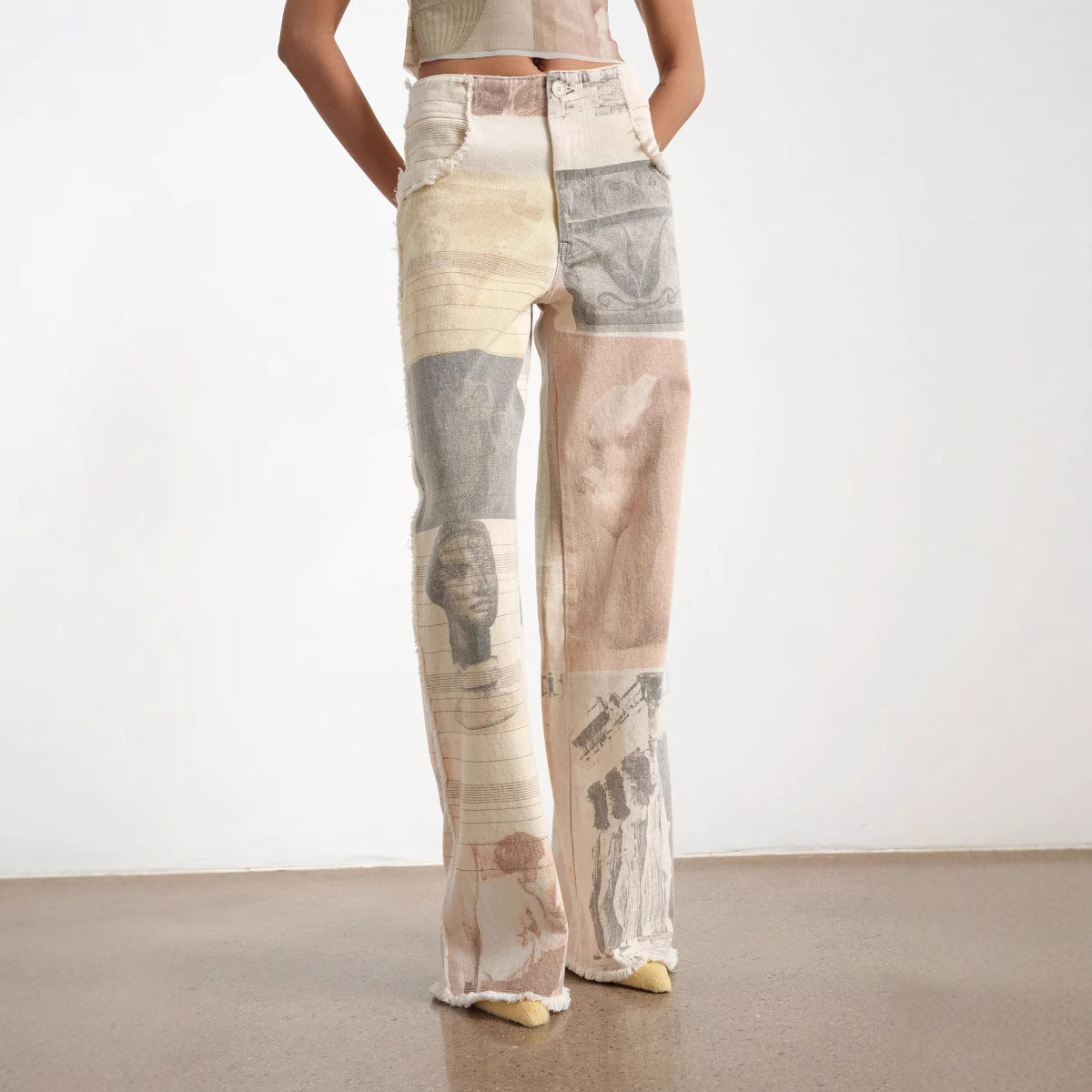 Retro Loose Printed Wide-leg Straight Women