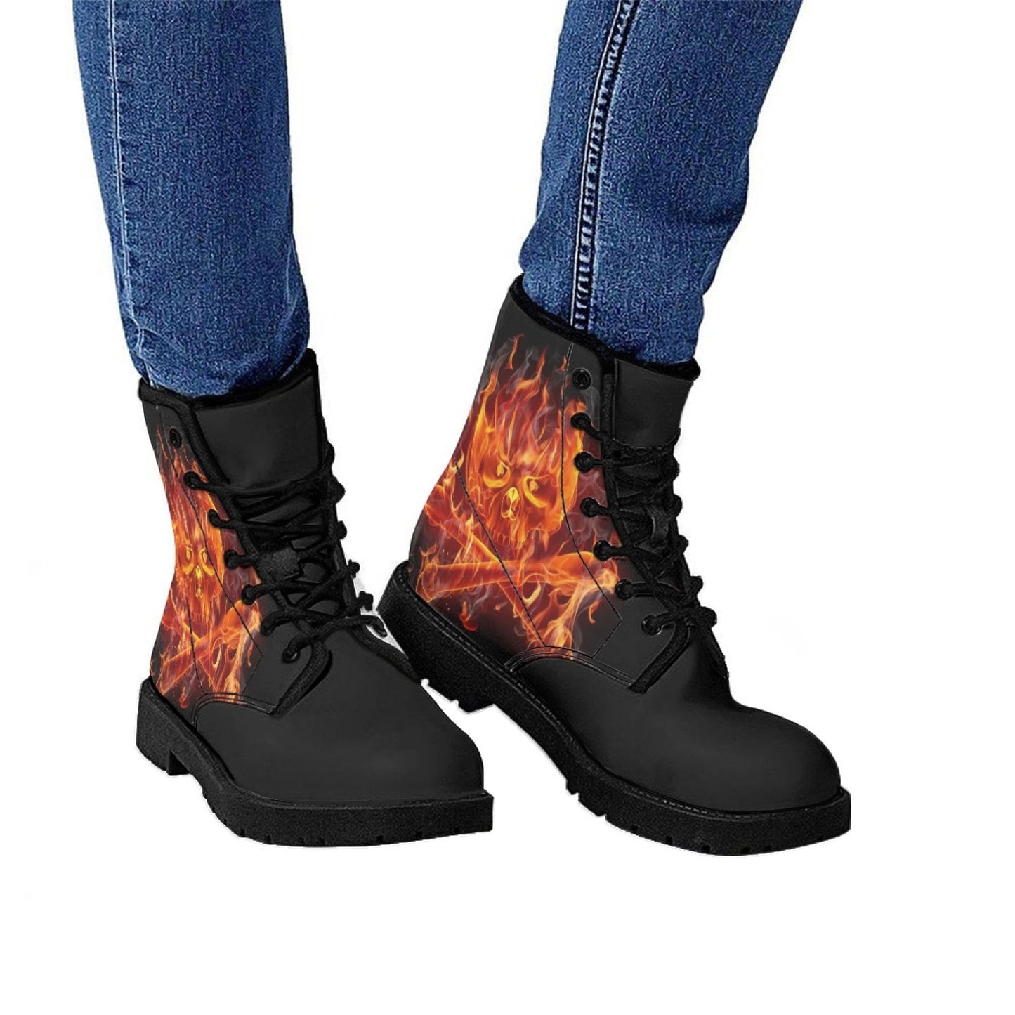 Printed Women's Leather Flat Bottom Low Heel British Martin Boots