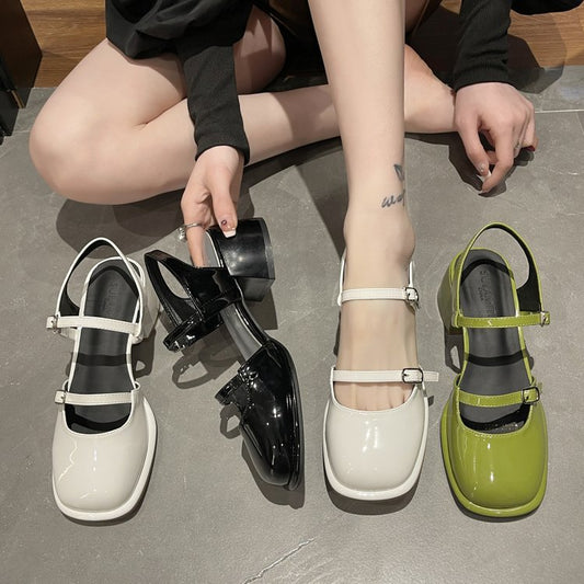 Fashion Mary Jane Shoes Women's Korean-style Thick Heel Toe Box Buckle Fashion High Heel Sandals Women