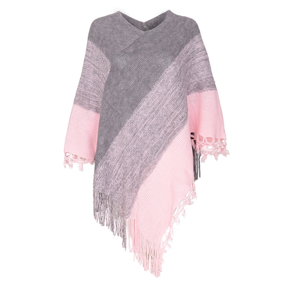 Sleeve Contrast Stitching Tassel Cape Plus Size Women's Clothing