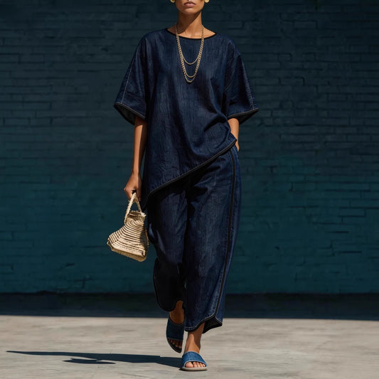Elegant Casual Denim-Style Loose Wide-Leg Pants Two-Piece Set