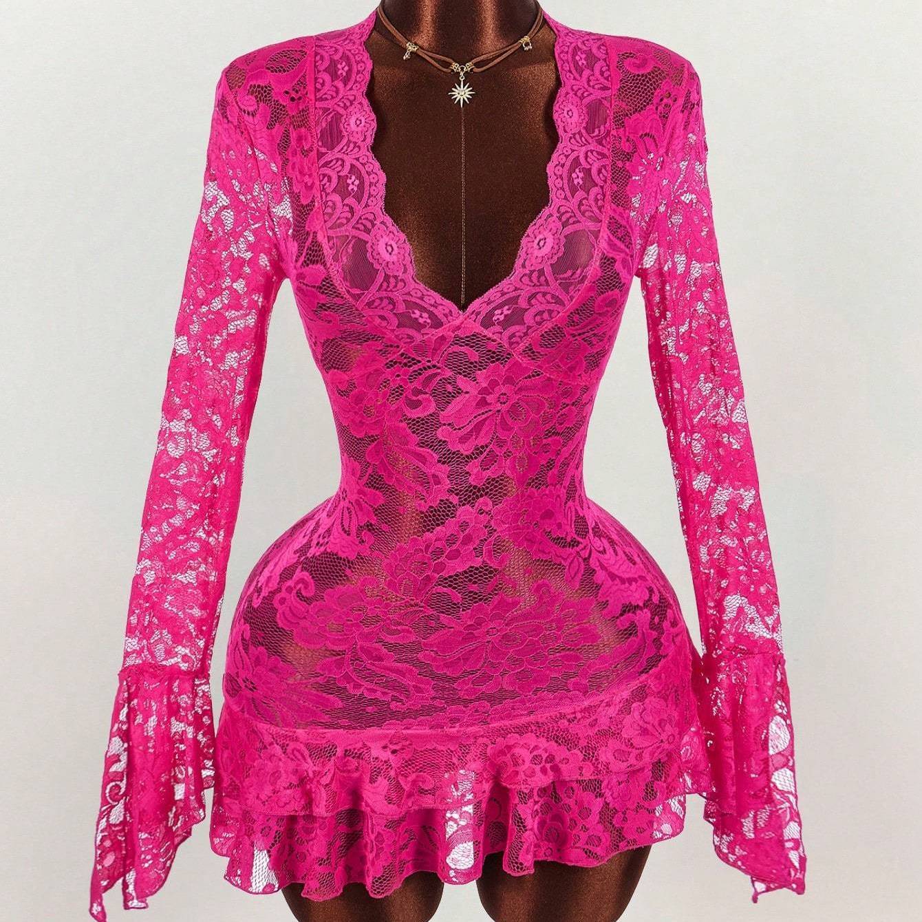 Retro Chic Cutout Lace VNeck DefinedWaist Mini Dress