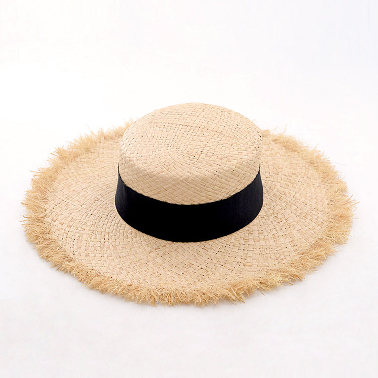 Women's Raffia Frayed Flat Big Brim Hat