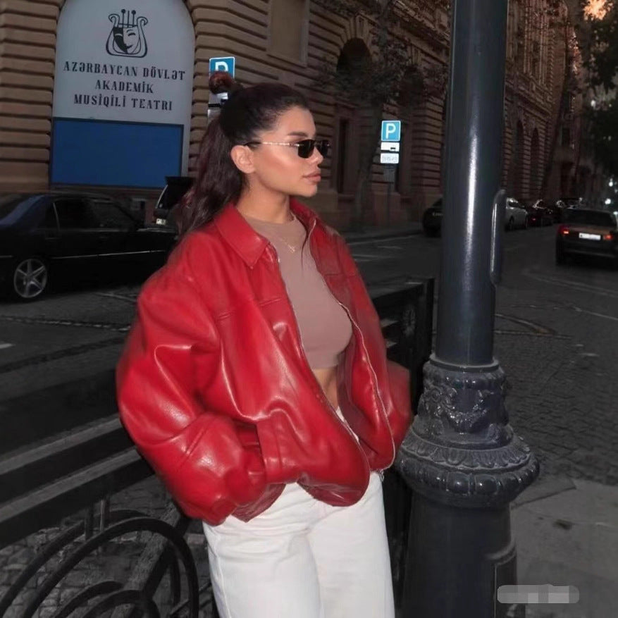 Versatile Faux-leather Bomber Jacket