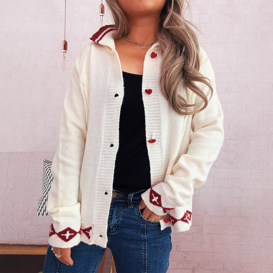 Retro Pattern Cute Love Button Lapel Long Sleeve Sweater