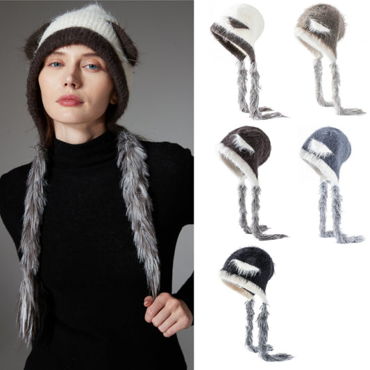 Cat Ears Mink Wool Ear Protection Color Matching Woven Hat Knitted Hat