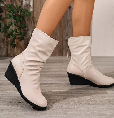 Retro Wedge Heel Fur-lined Pleated Pointed Back Zipper Ankle Boots