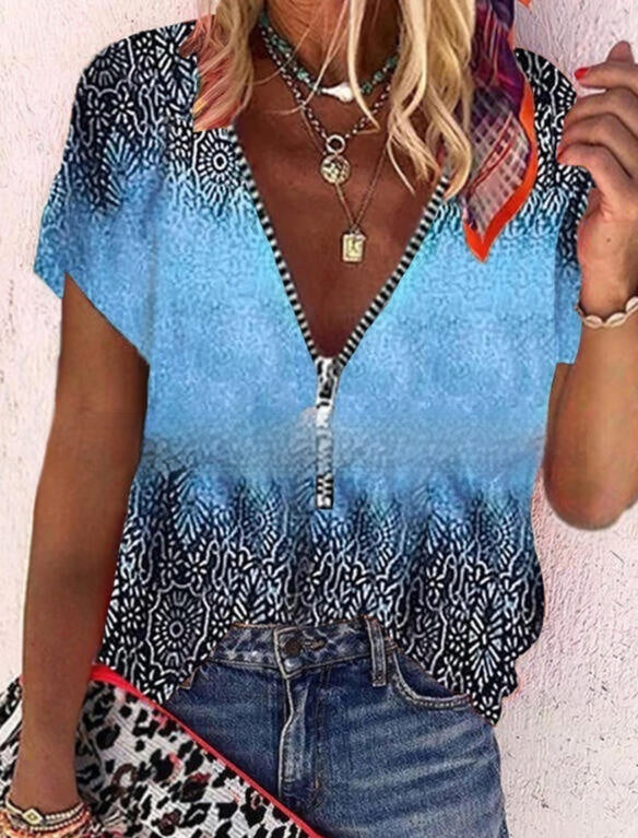 Printed V-neck Short Sleeved Casual Shirt Top
