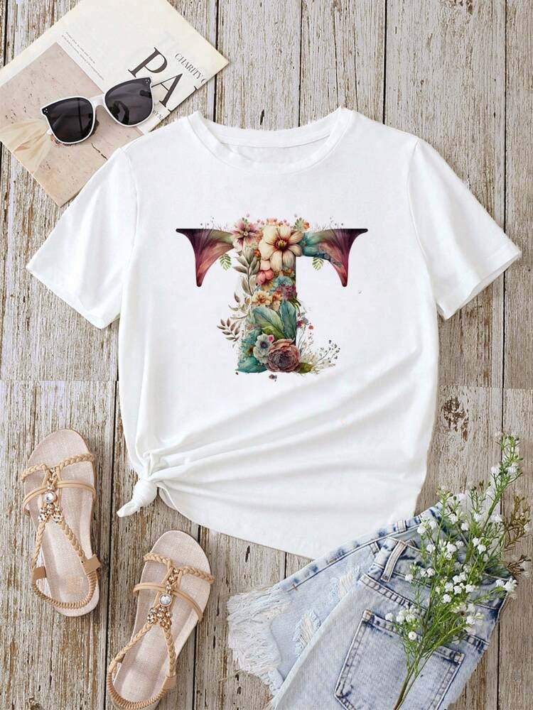 Stylish Womens T-shirt Featuring A Floral Letter Font With The First Letter Of Your Name Short-sleeve Top In White