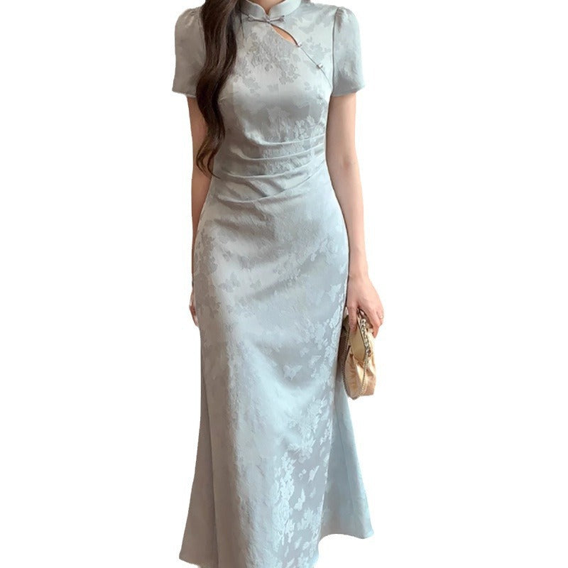 Retro Dark-pattern Short-sleeve Maxi Dress