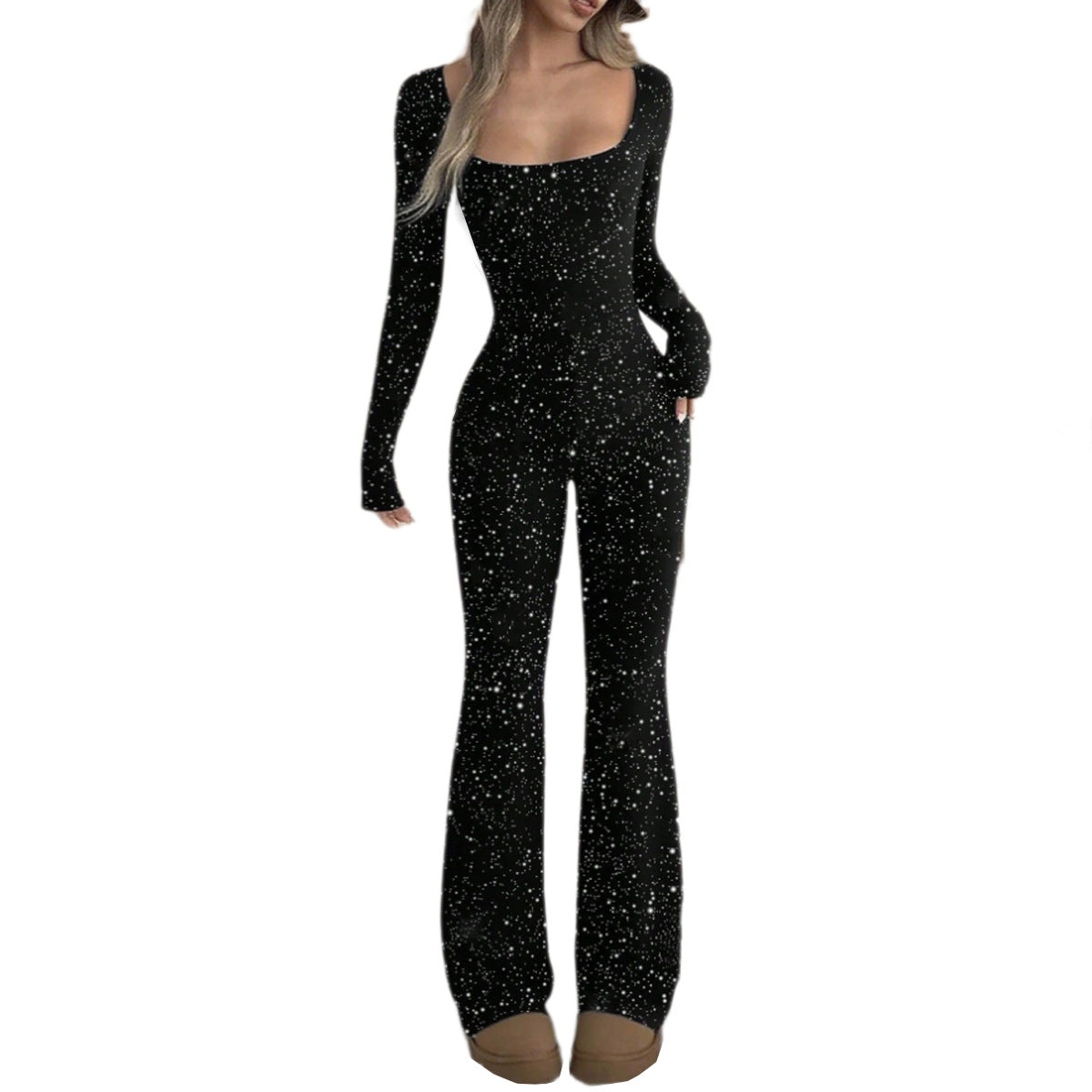Autumn Temperament Slim Fit Square Neck Silver Jumpsuit For Women