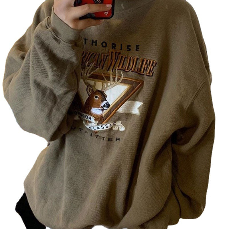 American Retro Fawn Cartoon Sweater Women's Loose Pullover