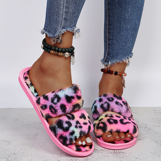 Women New Indoor Fuzzy Leopard Plush House Flat With Fuzzy Slipper