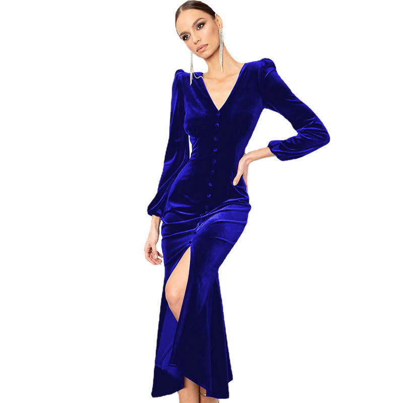Knitted V-neck Padded-shoulder Long-sleeve Dress